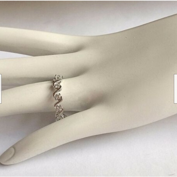 Silver Art Deco Eternity Ring Size 9 Band Cubic Zirconia Waves Nautical Plated - Picture 4 of 8